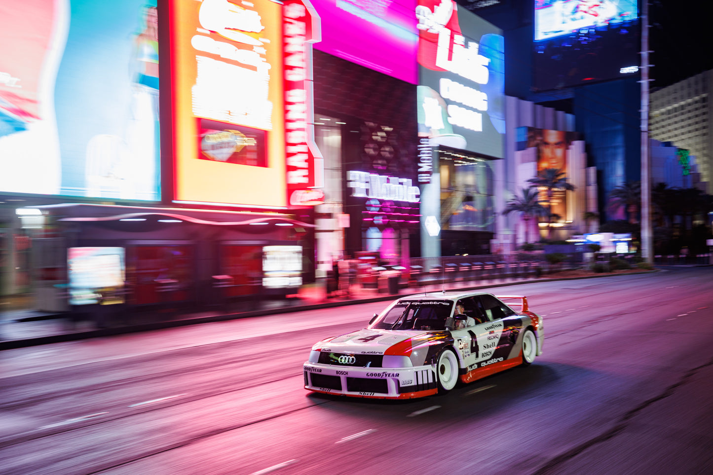 Audi 90 Quattro IMSA GTO driving down Las Vegas BLVD during the filming of Electrikhana (24x36)