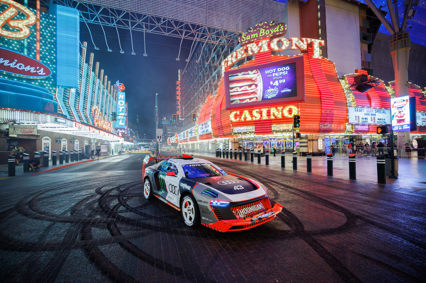 Ken Block on Fremont street during the filming of Electrikhana in the Audi S1 Hoonitron  (24x36)